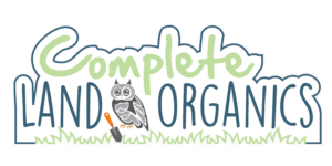 NH organic lawn care company logo with an owl, trowel and text.